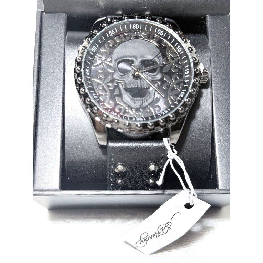 Ed Hardy Quartz Analog Watch Skull Dial Black Studded Leather Strap NEW IN BOX